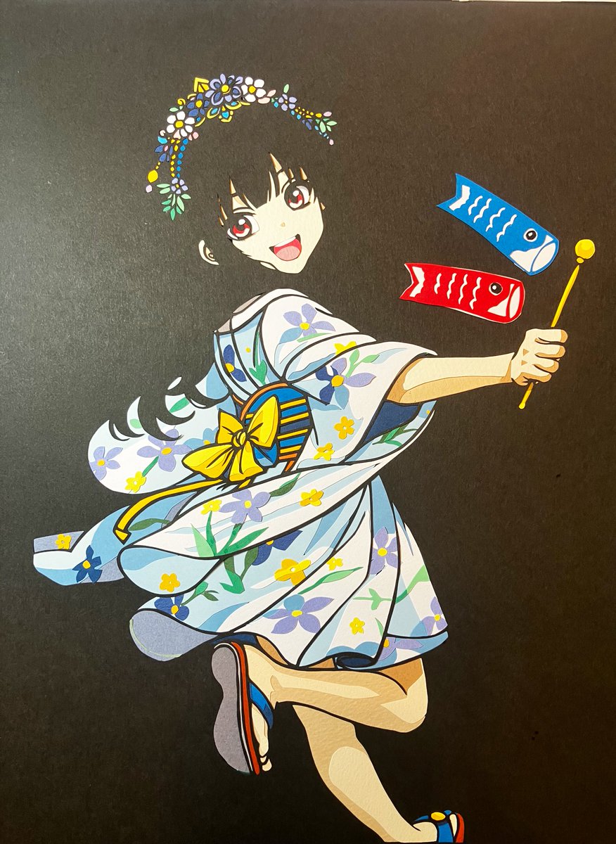 shikitsuzuri's tweet image. 【青のイメージの謎🤔】
色付け9割終わりました！
明日には完成できそうです☺️

今回は浴衣を青系に。
作ってるときは違和感なかったけど、
よくよく考えると「こどもの日＝青」な気がするのはなぜだろう？
#切り絵 #こどもの日 #paperart