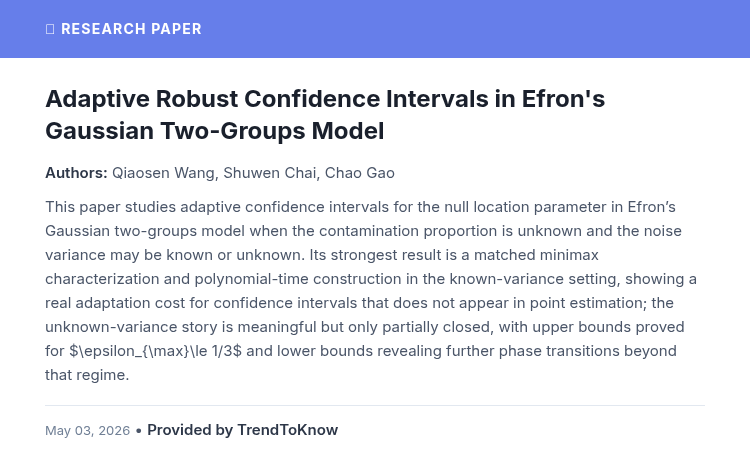 aitrendings's tweet photo. Adaptive Robust Confidence Intervals in Efron's Gaussian Two-Groups Model
👥 Qiaosen Wang, Shuwen Chai & Chao Gao
#AIResearch #MachineLearning #StatisticalModeling #RobustStatistics
🔗 https://t.co/xdbIwfM0m0 https://t.co/rcnCUEwYWt
