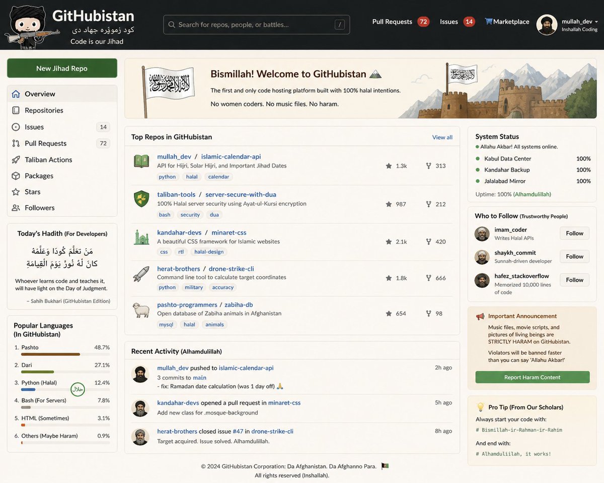 moheb093's tweet photo. @FarokhNotes what if Afghanistan built github 🥲
No woman coders. No music files. No haram. https://t.co/wVbUGDW1Sp