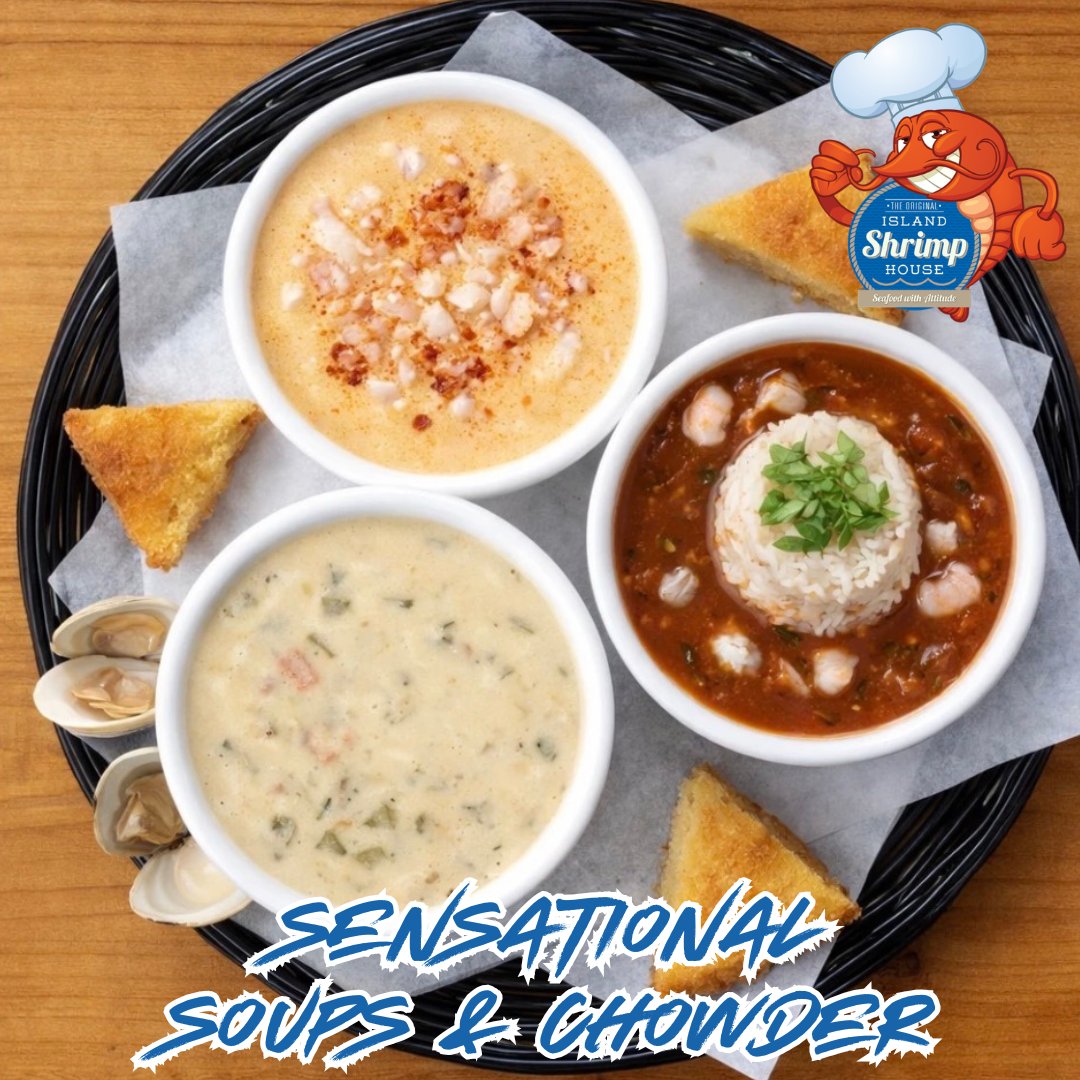 The_Shrimp_Pimp's tweet image. Remember our award-winning homemade soups!
Choose from one of the best New England Clam Chowders outside of Boston, a Seafood Jambalaya reminiscent of old New Orleans, or our popular Shrimp Bisque. Paired with cornbread, 
you won't be disappointed!

#bestsoups #madefromscratch