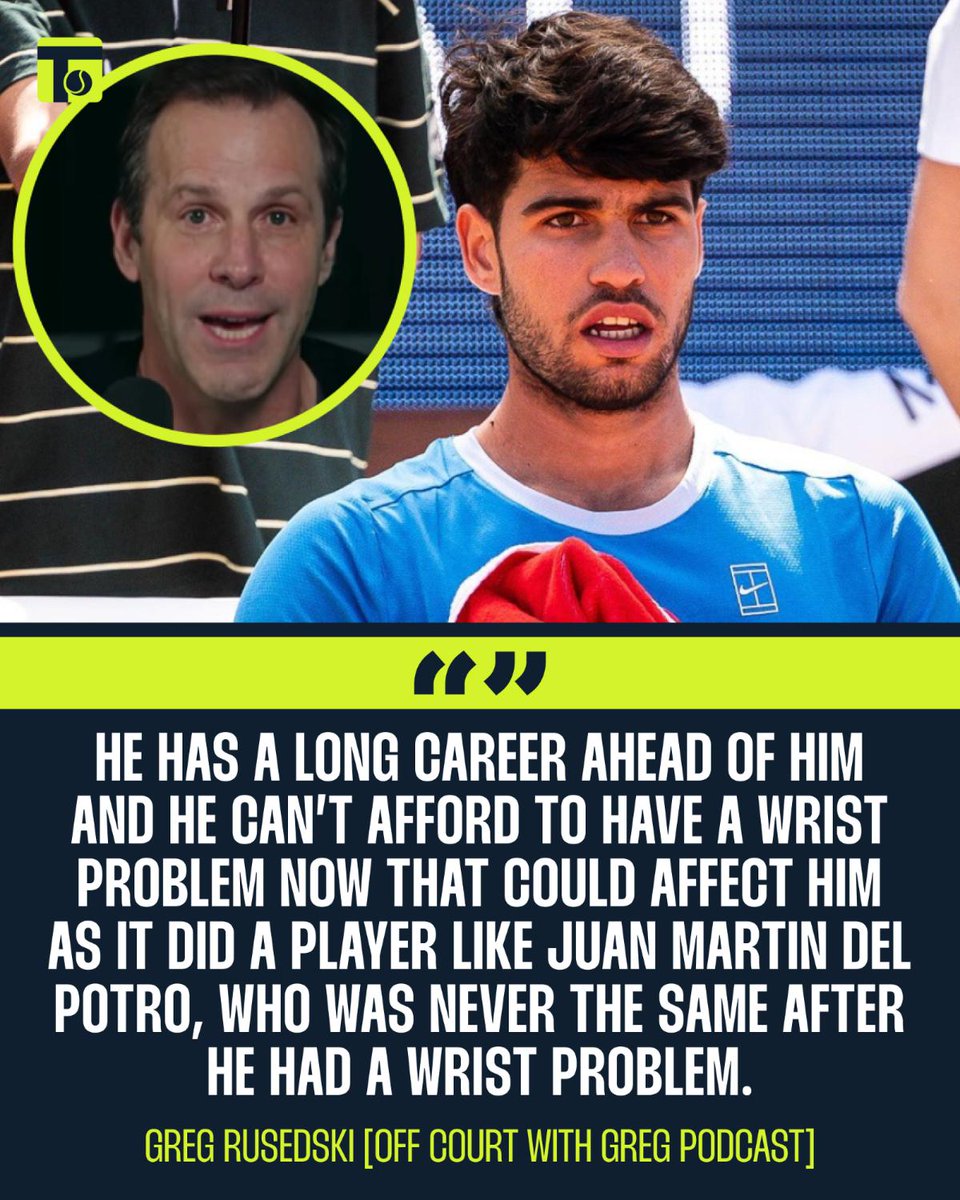 tennis365com's tweet image. 🗣️Carlos Alcaraz is facing a spell on the sidelines with a wrist injury and rumours suggest his problem could be serious.

🔗Link In First Comment 

#OffCourtWithGreg | #CarlosAlcaraz