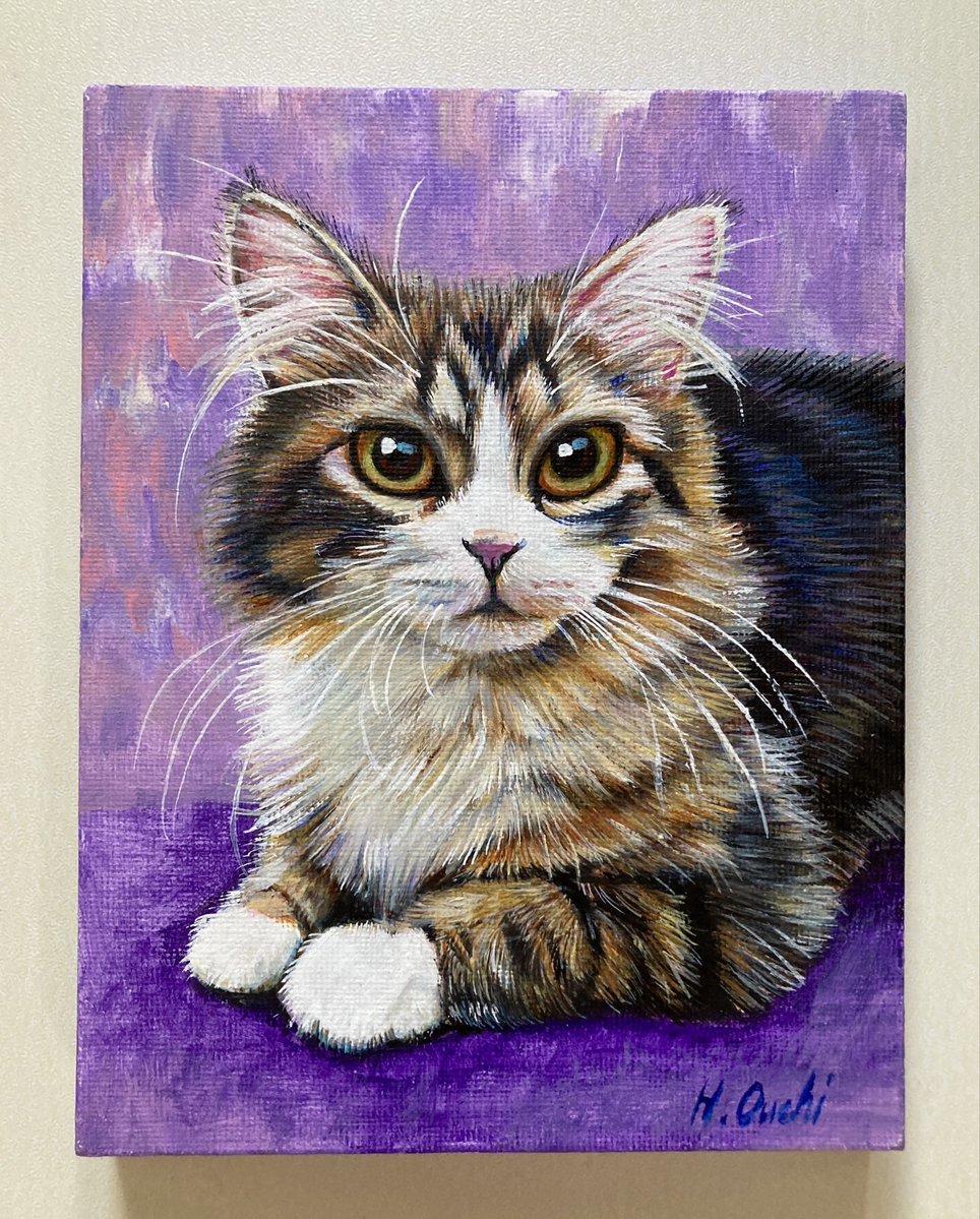 長毛猫さん 825 キャンバスF0 アクリル絵の具 #長毛猫 #紫色 #アクリル