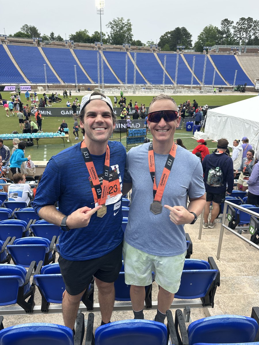 realDHB's tweet photo. Fun to finish the @Garmin half-marathon on the field at Wallace Wade 😈

S/O @NolanBurg @megelee64 https://t.co/obhH7r1ATt