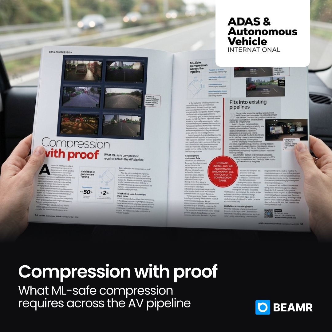 BeamrVideo's tweet photo. If you're managing petabyte-scale AV video data, compression is no longer optional. Without it, storage, egress, I/O time, and pipeline throughput all compound. 

But compression introduces a critical question the industry hasn't systematically answered: how do you confirm ML model integrity across every pipeline stage?

ADAS & Autonomous Vehicle International featured Beamr's ML-safe compression framework, benchmarked across the AV pipeline:

♢ Up to 50% file size reduction 
♢ Precision (mAP) remains consistently high 
♢ Localization differences minimal 
♢ Confidence scores remain highly correlated 
♢ Visual Realism Index (VRI): 93%–98% agreement

-> Read the full article in ADAS & Autonomous Vehicle International: https://t.co/crRZPc4ElG
-> Run Beamr's ML-safe compression on your own data: https://t.co/YqfDsPDNPY

#Beamr #AutonomousVehicles #MLSafe #Video #Data #PhysicalAI
