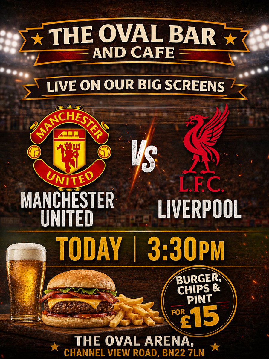 eastbourneuafc's tweet photo. THE OVAL BAR &amp; CAFE ⚽️

LIVE ON OUR BIG SCREENS 📺

MANCHESTER UNITED vs LIVERPOOL

3:30PM

📍 The Oval Arena, Channel View Road, BN22 7LN https://t.co/GdnEoLGLzY