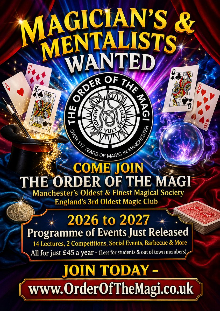 HypnotistRoyle's tweet image. MAGICIAN'S &amp;amp; MENTALISTS

Manchester's Magic Club for Mystery Entertainers &amp;amp; Mind Readers is also England's 3rd Oldest Magic Club &amp;amp; accepting new members right now 

substack.com/home/post/p-19…

#Manchester #Magic #Magician #MindReader #Mentalism #MagicClub #MagicSociety #MagicLecture