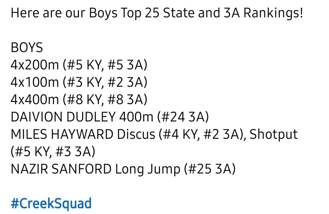 TatesCreekTrack's tweet image. Outdoor Top 20 &amp;amp; 25 State and 3A Rankings as we head into Region Championship week #CreekSquad