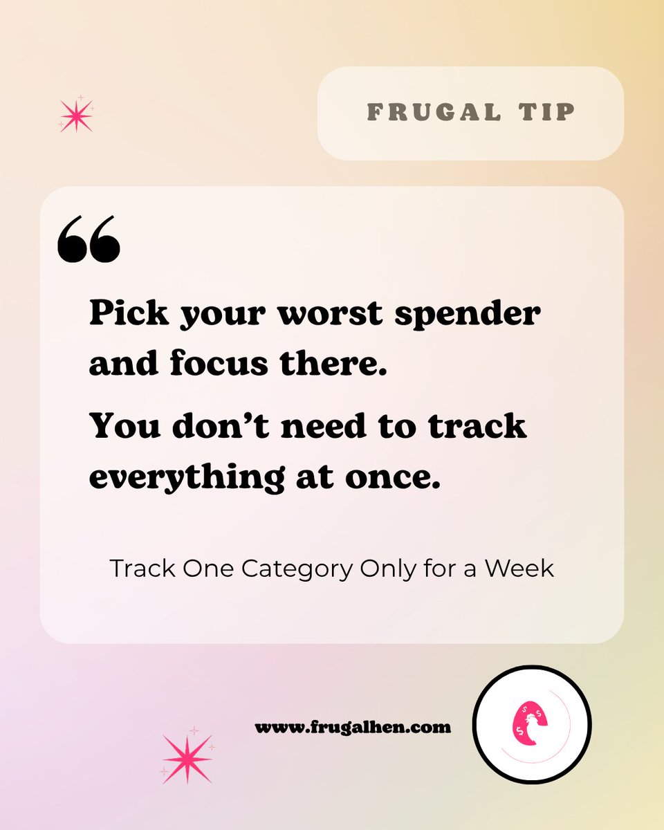 FrugalHen's tweet photo. You don’t need to track everything. Pick your worst category and start there. That’s where the real progress happens.
#FrugalHen #MoneyTips #SpendSmart https://t.co/2K1Fjv2f4S