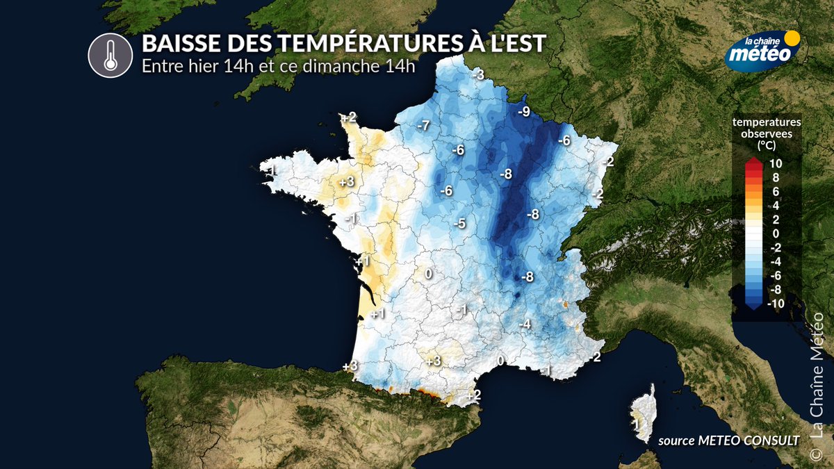 lachainemeteo's tweet image. Après le🌡️ #coupdechaud d'hier dans l'est et le nord du pays, l'arrivée des nuages fait baisser les températures, notamment des #Ardennes à la #Normandie à la #Bourgogne jusqu'au #Lyonnais. La chaleur résiste en plaine d'Alsace avec 26°C à #Strasbourg cet après-midi.
