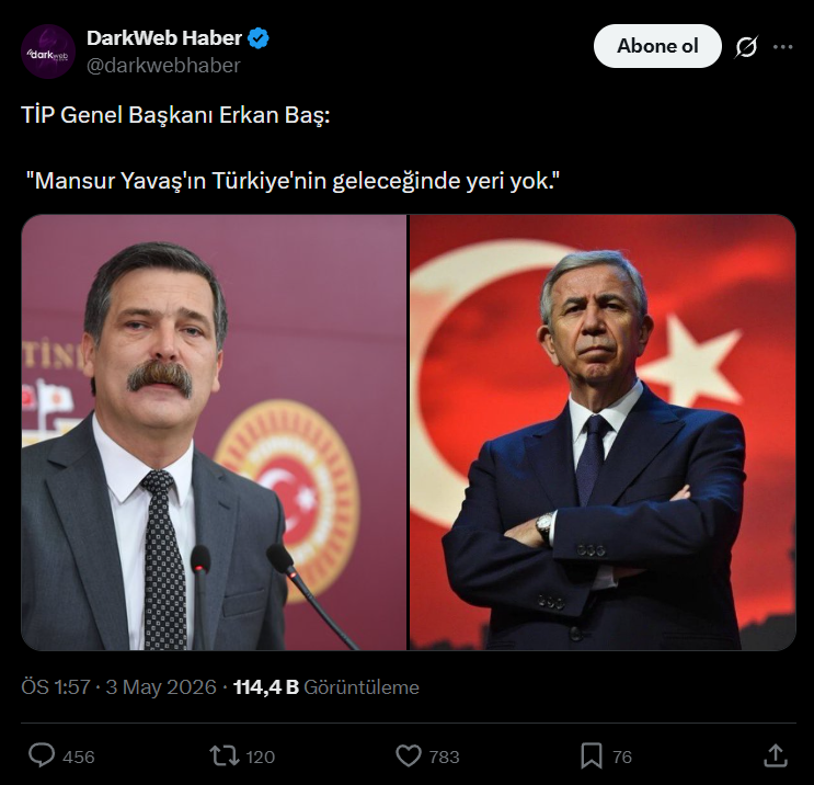 yigitcanonal7's tweet photo. DarkWeb Haber isimli "haber sayfası" olduğu iddia edilen sayfanın, TİP Genel Başkanı Erkan Baş'ın 2023 yılında yaptığı açıklamayı, güncel gibi servis ettiği görüldü.

Bu açıklamalar, TİP CHP'nin adayı Mansur Yavaş olursa destek vermeyecek algısı oluşması için servis edildi diye tahmin ediyoruz.

Fakat böyle bir durum yok, 2022 yılında Erkan Baş'a Mansur Yavaş'ın adaylığı sorulunca "İsim kim olursa olsun, yurttaşın birtakım talepleri olacak. Önemli olan hayata geçecek program" şeklinde cevap vererek, ortak adayı destekleyeceklerini belirtmişti. 

Solcu bir ismin, sağcı bir isim hakkında yaptığı gelecek öngörüsü çok da anormal değil sanki? Fakat buna rağmen destek vereceğini belirtmiş adamı insanların önüne atıyorsunuz.

Rezil bir habercilik anlayışı.
