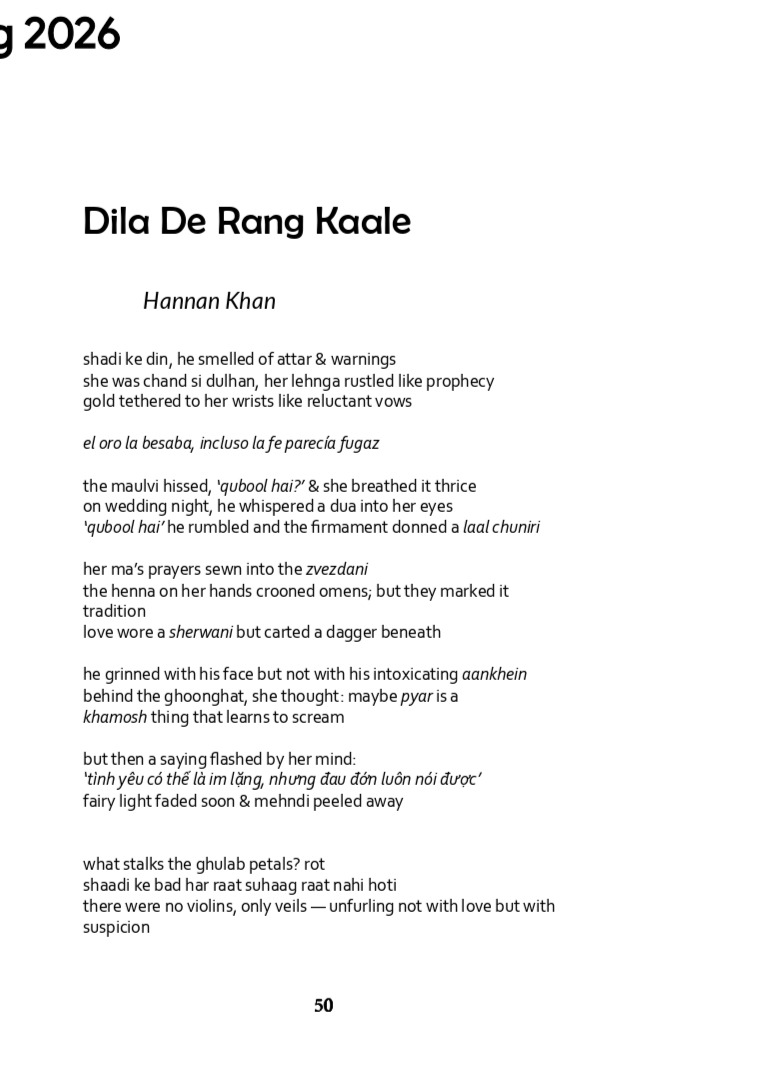 HannanKhanOff's tweet photo. Honored to share that my poem “Dila De Rang Kaale” has been published in Pegasus Poetry Journal.

It is not an easy read—and it was never meant to be.

#Poetry #DomesticViolenceAwareness
#MultilingualPoetry #TransnationalLiterature #Spanish #French #Italian  #Turkish  #Arabic https://t.co/sfRBGLrk6D