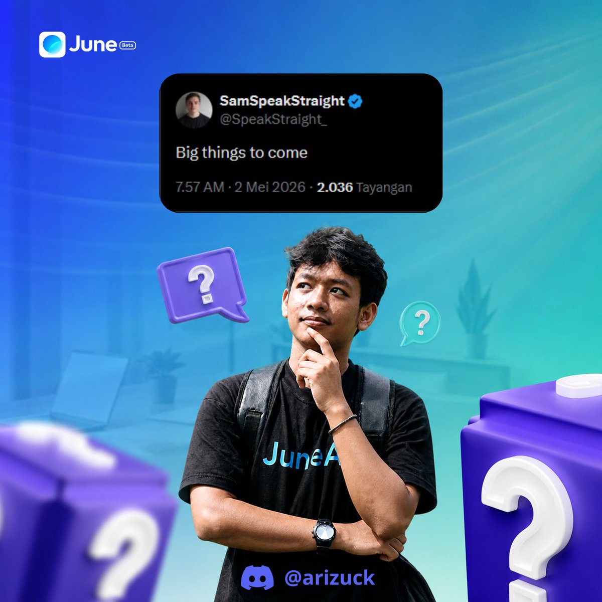 ariizck's tweet image. JM 💙 @SpeakStraight_ @askjuneai 

Take a guess… what’s coming? 👀

An app?
Or something way bigger?

Let’s wait and see.
Big things are coming. 🚀

#AI #Future #PrivacyAI #AskjuneAI #JuneAI