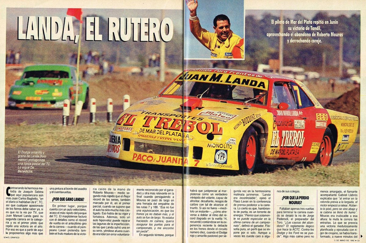 PatoG82's tweet photo. 3 de Mayo de 1992, Turismo Carretera, en "El Panorámico" de Junin 🏁

Series ganadas por Urretavizcaya, Mouras y Pernia. Final a 15 giros:

1° - Juan Manuel Landa (Dodge) a 150,58 kph de promedio ⏱️
2° - Edgardo Lavari (Dodge)
3° - Eduardo Ramos (Ford)

📓 Revista El Grafico https://t.co/GxCfwQat4h
