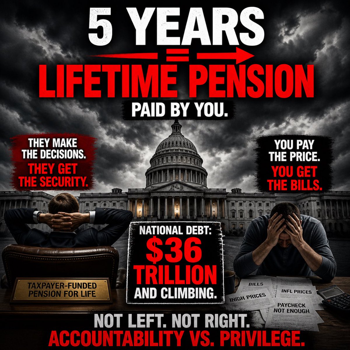 Super44Mario's tweet image. 5 years in Congress = taxpayer-funded pension for life.

Meanwhile:
• Americans work 40 years—no pension
• Social Security uncertain
• $36 TRILLION in debt

And the people causing it?
Financially set.

Not left vs right.
Accountability vs privilege. #Accountability #Congress