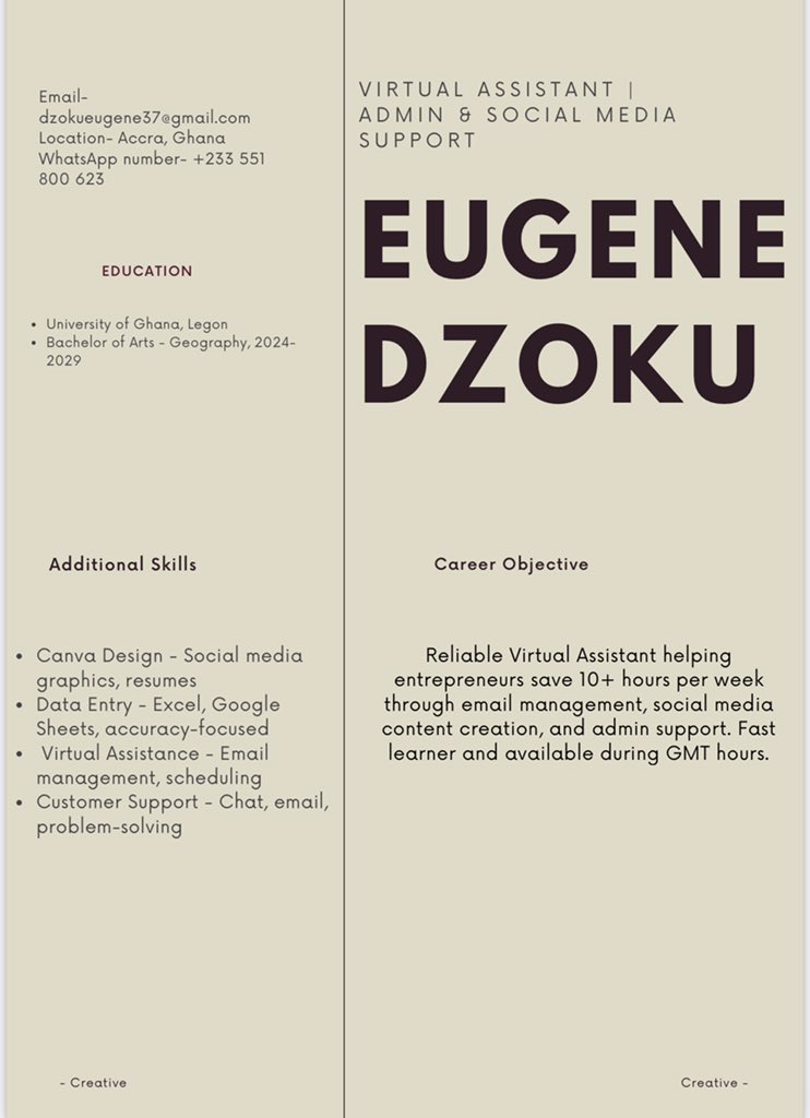 ruffcava's tweet photo. @ussbon virtual44005 Hi! I'm a new VA from Ghana 🇬🇭 

I help busy entrepreneurs with email management, data entry, and Canva design. 

$4/hr. Available for 1-hour paid trial this week.

DM or WhatsApp me: +233 551 800 623 https://t.co/2MSp5utc1l