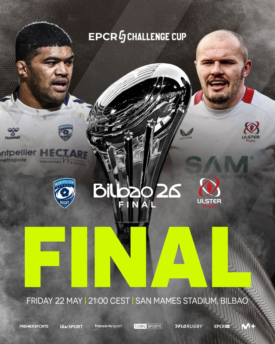 ChallengeCup_'s tweet photo. ✨ 2026 Finalist Confirmed ✨

Montpellier Hérault Rugby - Ulster Rugby

Who lifts the #ChallengeCupRugby trophy? 

Grab tickets to the final in Bilbao now ➡️ https://t.co/lmylTuFXAV https://t.co/H4JaAwqwCJ