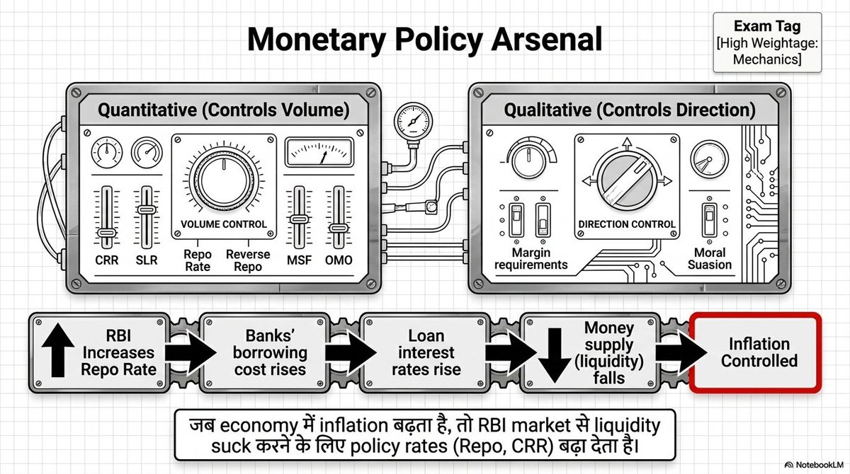 infomasterX's tweet image. Inflation hitting hard? 💸 The RBI uses its Quantitative tools to suck excess liquidity out of the market and stabilize the economy.📊#MonetaryPolicy #RBI #Economics #FinanceExplained #InflationControl #RepoRate #IndianEconomy #StockMarketIndia #UpscPreparation #BankingSector