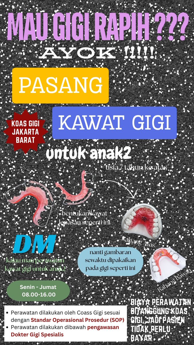 mooneziuu89's tweet photo. halo teman2 bagi yang punya: 
1.anak/kenalan/sepupu yang usianya 7 thn  ke atas (usia anak2) 
2. giginya sehat (lubang kecil gpp), giginya berantakan, ingin dirapihkan serta BERKOMITMEN selama kurang lebih 5-8 bulan untuk dipasangkan kawat gigi, bisa DM yaaa #koasgigi #kawatgigi https://t.co/G6ChYqkvu8
