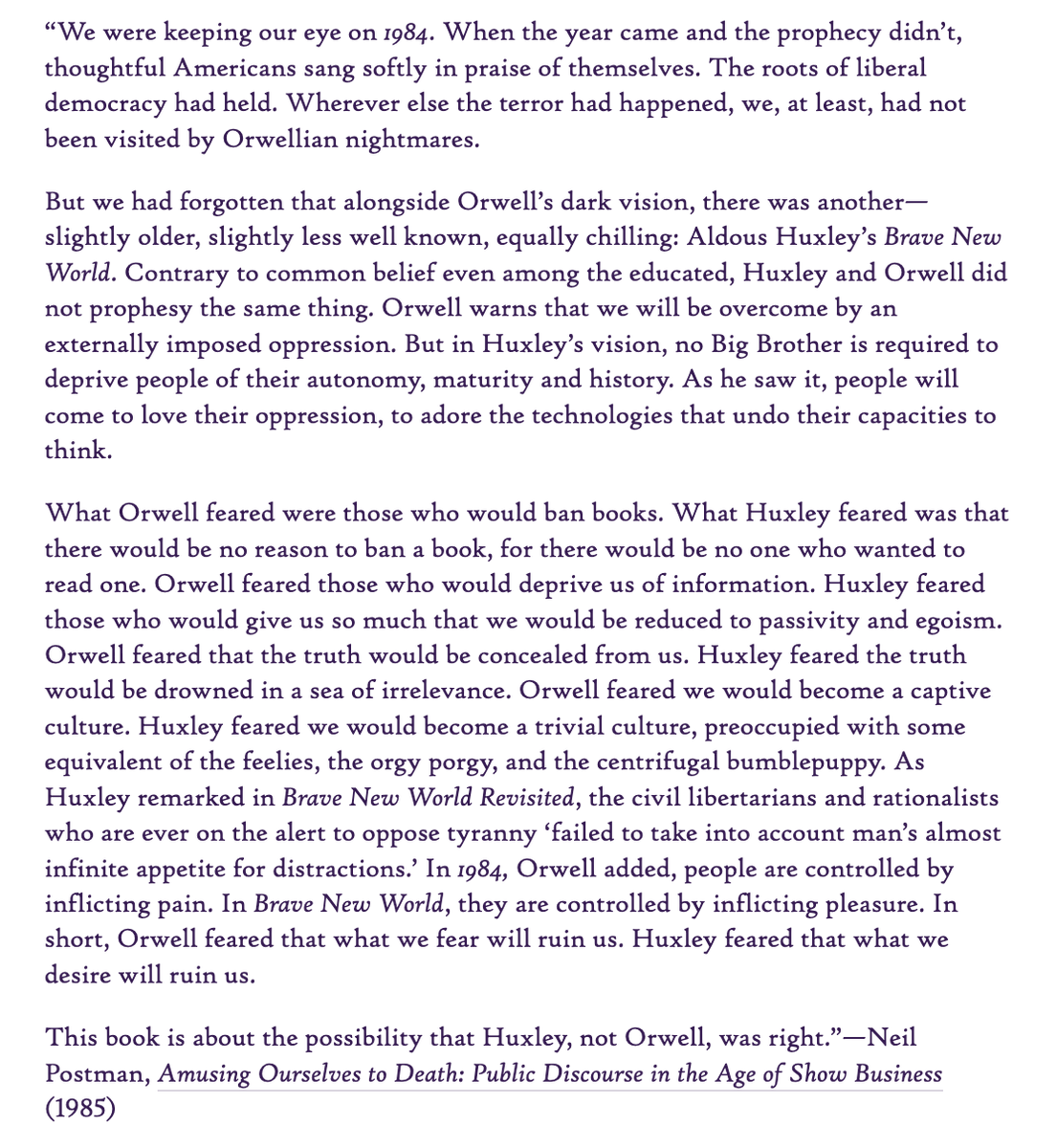 allpolitiko's tweet image. I think Postman was right "#Huxley, not #Orwell, was right.” 👇👇👇
Neil Postman's "Amusing Ourselves to Death:" saw all that is going on today coming.