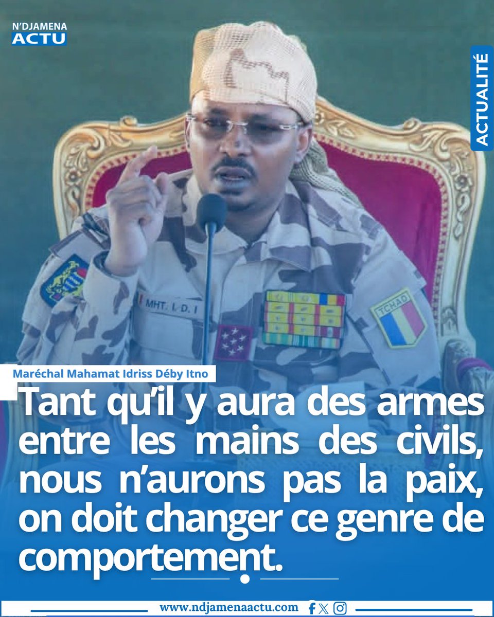 ActuDjamena's tweet image. Un extrait de l'interview accordé à la presse présidentielle, le Maréchal Mahamat Idriss Déby Itno a insisté que : « Tant qu’il y aura des armes entre les mains des civils, nous n’aurons pas la paix, on doit changer ce genre de comportement. » #Tchad
