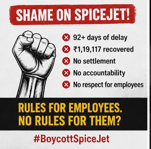 PradhanMranjan's tweet image. BREAKING: 90+ days after exit, former SpiceJet employee still awaiting Full &amp;amp; Final settlement despite ₹1,19,117 notice recovery.

Repeated follow-ups receive only “under process.”

@flyspicejet @PMOIndia @LabourMinistry @CLCMOLE

#SpiceJet #FNFSettlement #AviationNews