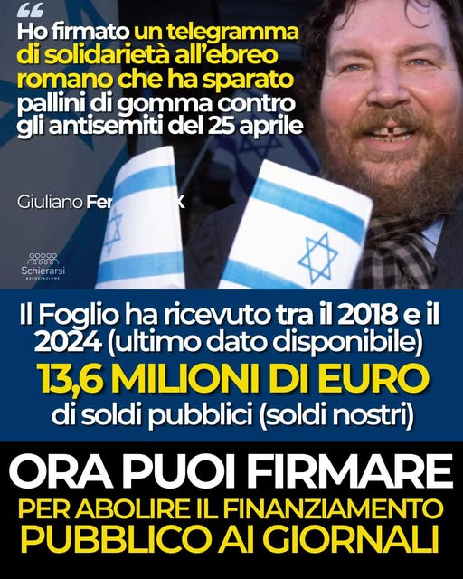 Questo l’ha detto Giuliano Ferrara, uno che si è vantato di aver preso i soldi dalla CIA, fondatore di un giornale che campa grazie ai nostri soldi. Aboliamo il finanziamento pubblico ai giornali. Firma qui 📷 firmereferendum.giustizia.it/.../dettagli..… ci occorrono 500.000 firme!