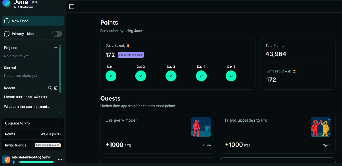 DamkeHitesh's tweet image. Consistency paying off 📈
172 day streak + 43K points 💯
Let’s go higher 🚀 
@askjuneai 
#June #Crypto