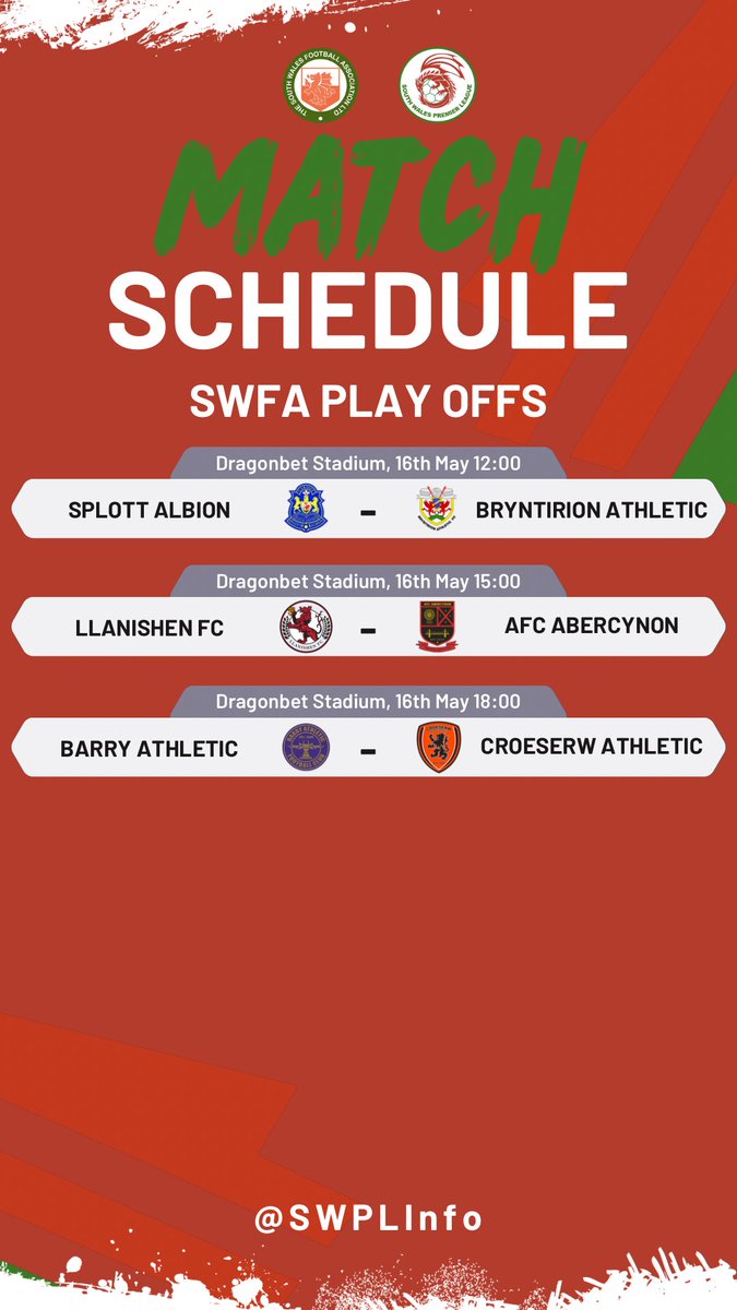 SWPLInfo's tweet photo. .@SouthWalesFA Playoff details confirmed. All games to be played at Dragonbet Stadium, Pen Y Bont on the 16th May with VAR in use #SWPL https://t.co/ebVyMVigsB
