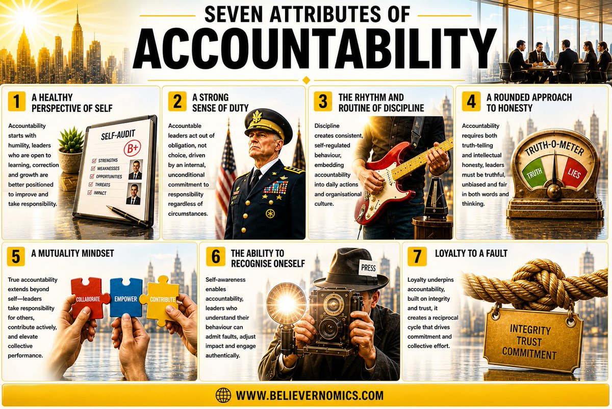 Believernomics's tweet image. Seven attributes of leadership accountability. #leadership #business #success #startup #infographics #infographic #entrepreneur #sundayvibes #sundaythoughts #sundaymotivation