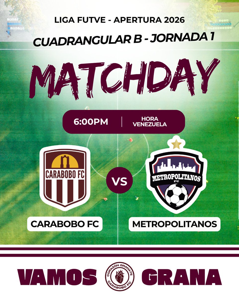 𝙃𝙊𝙔 𝙅𝙐𝙀𝙂𝘼 𝙀𝙇 𝙂𝙍𝘼𝙉𝘼🫀🇱🇻

🆚 <a href="/Metropolitanos_/">Metropolitanos Fútbol Club</a>
⏰ 6:00P.M. (Hora Venezuela)
🏟️ Misael Delgado
🏆 <a href="/LigaFUTVE/">Liga FUTVE</a> | Jornada 1 - Cuadrangular B

#CorazonGranate
#VamosGrana
#CaraboboGranate
#Futve
