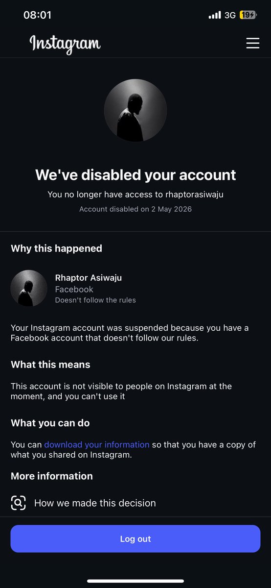rhaptorasiwaju's tweet photo. My Facebook (Rhaptor Asiwaju) & Instagram (@rhaptorasiwaju) were wrongfully disabled on 2 May 2026 due to a hacker violating rules from my account. 13+ years of business presence gone. All appeal options exhausted. Pleading for human review. @MetaSupport @Instagram @Meta https://t.co/PVY59wOCjL