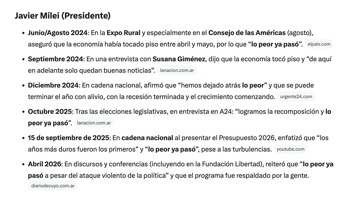 #Tendencia en X: "Lo peor ya pasó"

Porque le preguntaron a Grok cuantas veces lo dijo ya el Presidente Milei y lo defenestró: