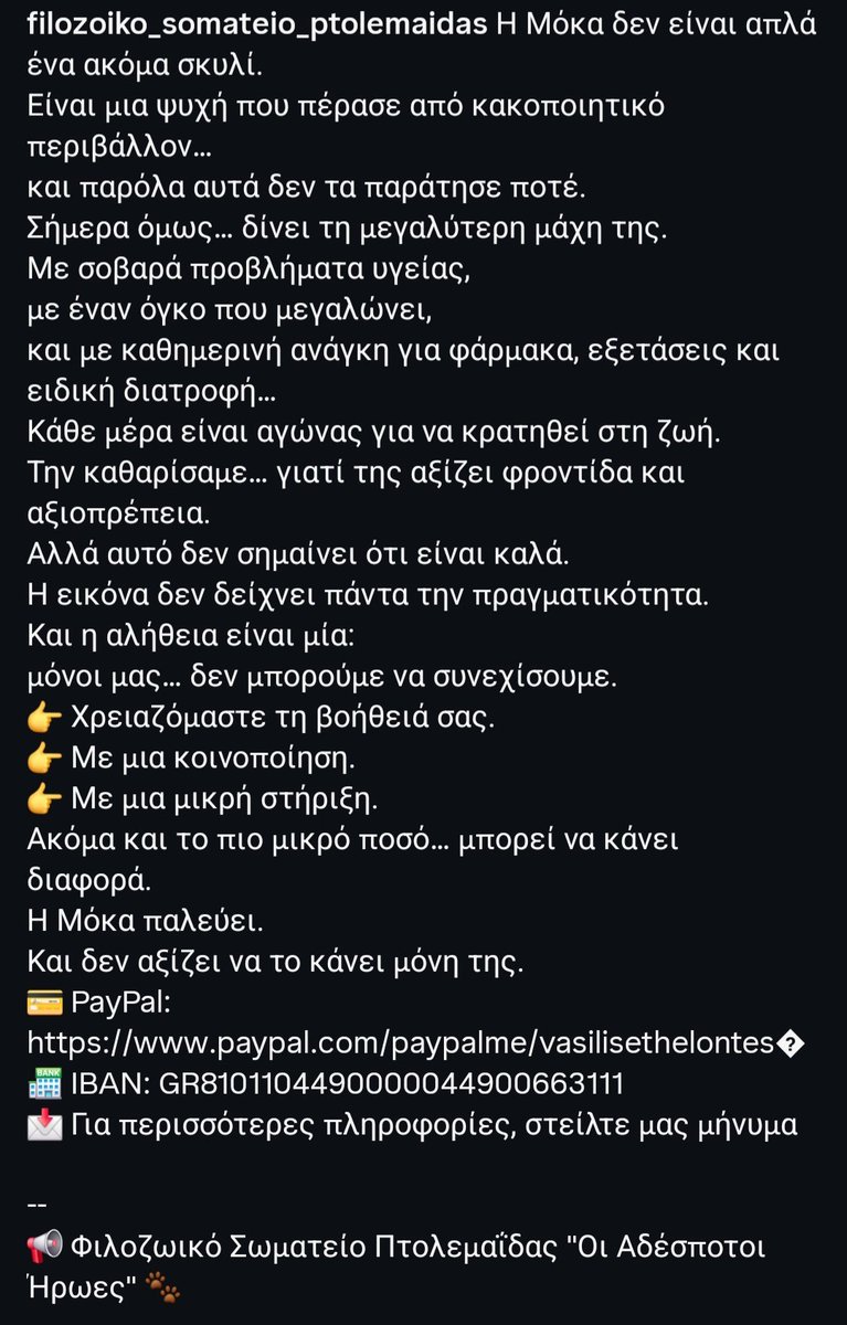🆘️🆘️🆘️🆘️ Η Μόκα χρειάζεται τη βοήθειά μας. Η κατάσταση της υγείας της εχει επιδεινωθεί. 
Πληροφορίες: @philozoiko_somateio_ptolemaidas