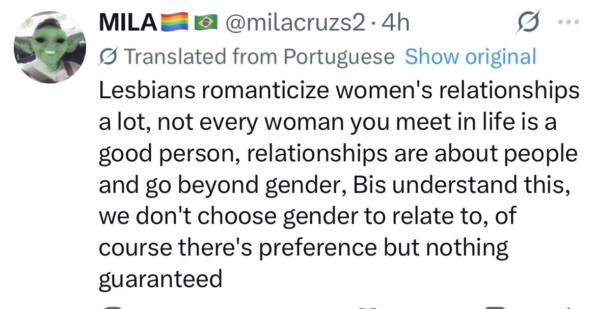 I’m tired of you people acting like bis are some awakened beings who are better than everyone else while the rest of us “choose” to date based on some superficiality you made up. Non-bis date people the same way you do, we just have the extra criteria of sex/gender.