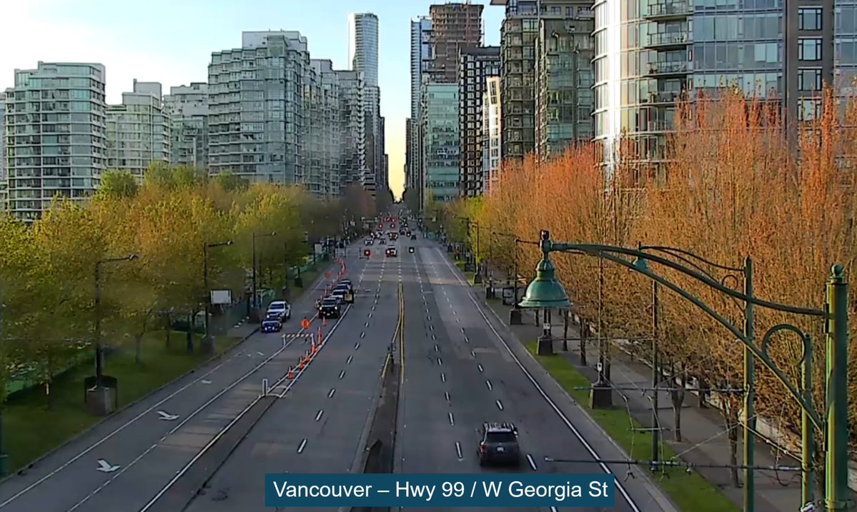DriveBC's tweet image. 🛣️ A Look Around BC.
#Vancouver #BCHwy99 #WGeorgiaSt
Current conditions as of 6:54am Sunday 3 May 2026: partly sunny and 13 degrees (a nice day for a run!)
Today's forecast: sunny with highs between 19-28 degrees.
DriveBC.ca