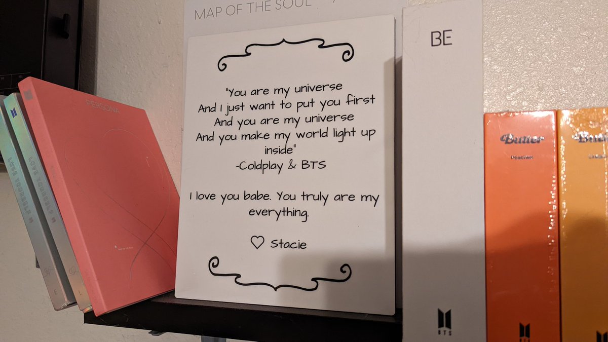 AreTwo's tweet image. I am ARMY in my family and my wife is super supportive. She'll watch and listen to all of the new releases with me and listen while I fanboy. She had this made for our anniversary 4 years ago.