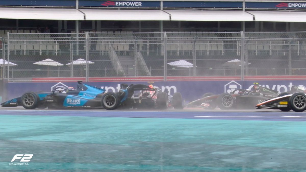 Formula2's tweet image. The incident which sent Tsolov spinning out of the Miami Feature Race 😳

Inthraphuvasak has received a 10-second time penalty for the incident.

#F2 #MiamiGP