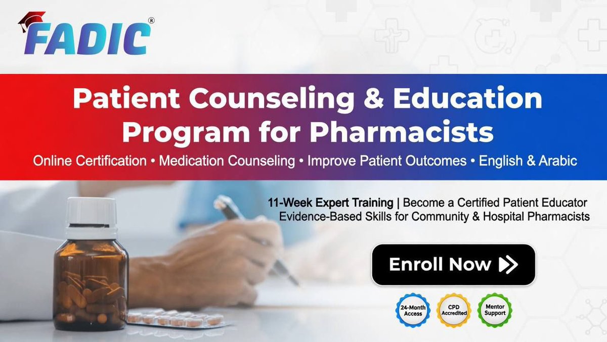 FADIC_DIC's tweet image. 📮 يبدأ اليوم برنامج #فادك  
الارشاد الفعال للمريض

Patient Counseling and Education 

تتعلم فيه أسس الصيدلة و الكاونلسنج
و دور الصيدلي ف ارشاد المريض و تعليمه
في مختلف التخصصات الطبيه

اشترك الأن من خلال أسفل هذا الرابط:
fadic.net/courses/patien…

#PatientEducation