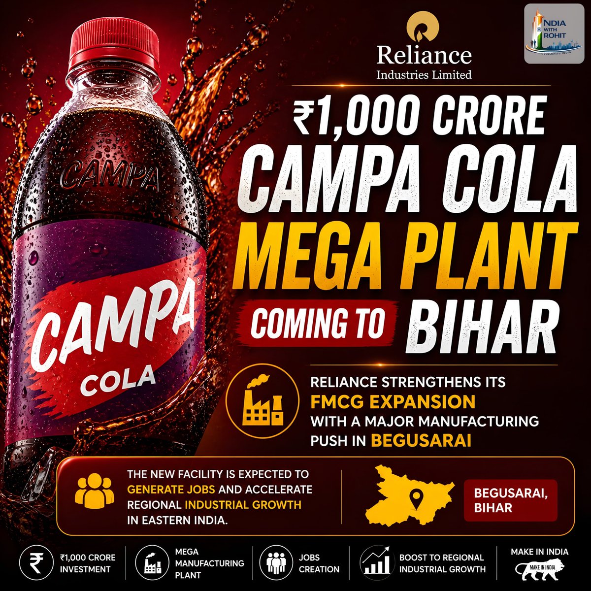 IndiaWithR9463's tweet photo. Reliance Consumer Products Limited to invest in #bihar to open ₹1000 Crore Campa cola (RCPL) Mega Plant.
#newfactory #reliance #campacola #bihar #india #developingindia https://t.co/8z4xO1WJwo