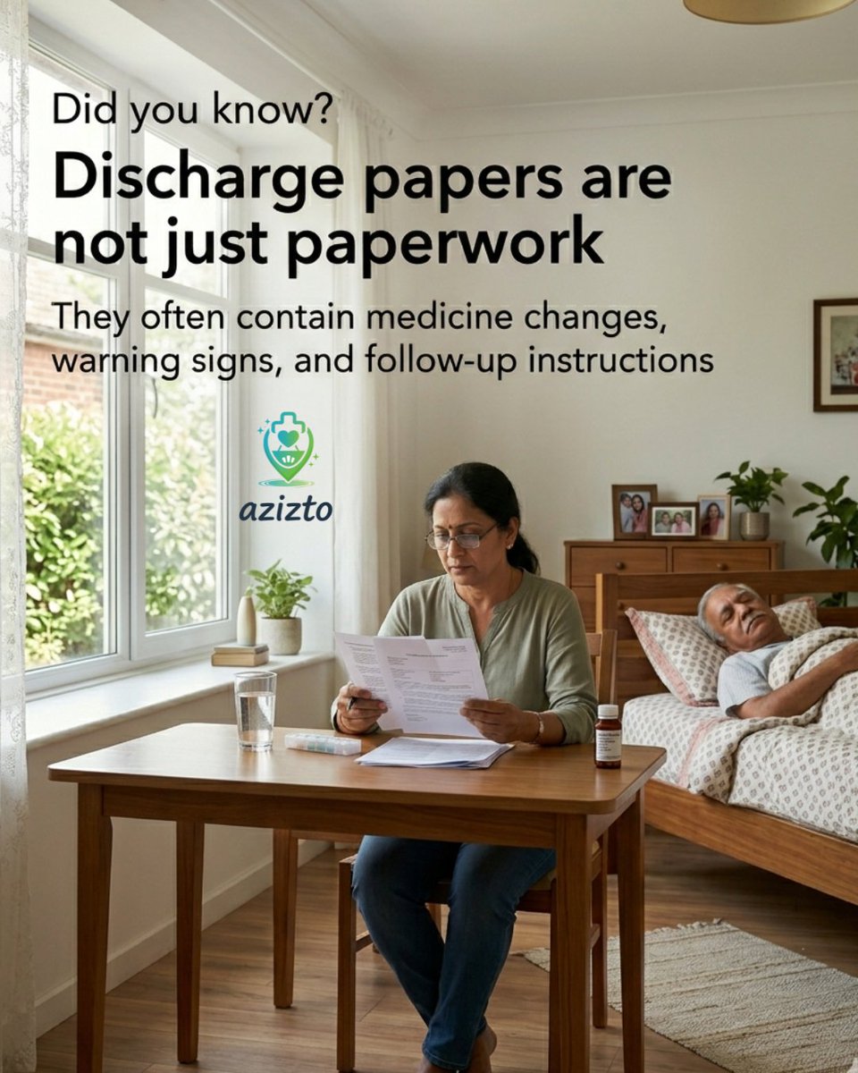 with_azizto's tweet image. Did you know? Discharge papers are your actual roadmap to a safe recovery at home. 📄🏥

Always check them immediately for: Medicine changes  Warning signs  Follow-up dates
Never just file them away! 👇
#HealthTips #HomeCare #PatientSafety #Caregiving #Recovery #azizto