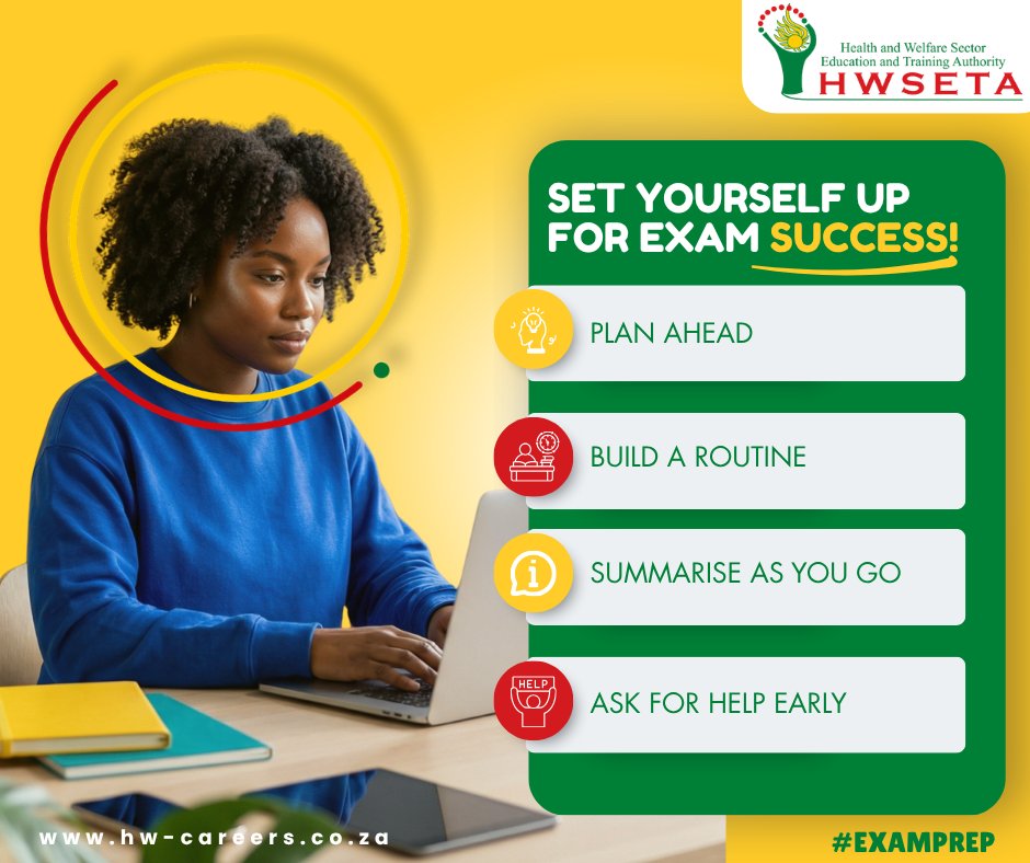 HWSETA_SA's tweet photo. As exams are fast approaching, it is important to remember that a little planning goes a long way 📚✨

The earlier you prepare, the less pressure you’ll feel when exams arrive.

#ExamPrep #StudentTips https://t.co/eKvnuZR1HH