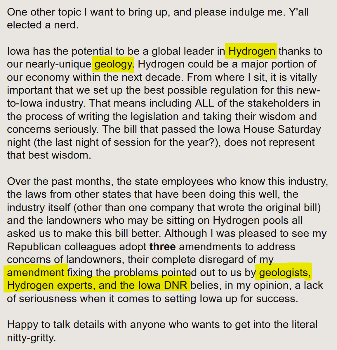 KeithDPatch's tweet photo. #GeologicHydrogen
⬇️Iowa Rep Elinor A. Levin @LevinforIowa recent newsletter updates legislative activity for geologic hydrogen.
Looks like some problems in the bill still need fixing.
I plan on asking her if the bill covers both #WhiteHydrogen & #OrangeHydrogen...
#hydrogen #H2 https://t.co/n6abWXjmHH