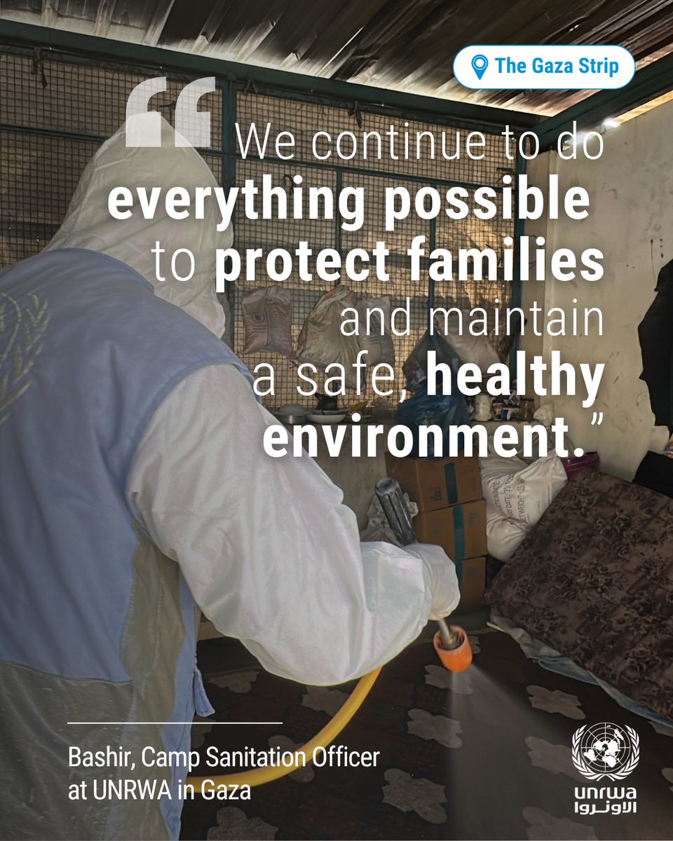 UNRWA's tweet image. UNRWA plays a vital role in protecting public health across #Gaza, particularly for those displaced  and living in shelters and tents.

Amid rising cases of disease, UNRWA teams are implementing targeted interventions. These include the application of approved and safe