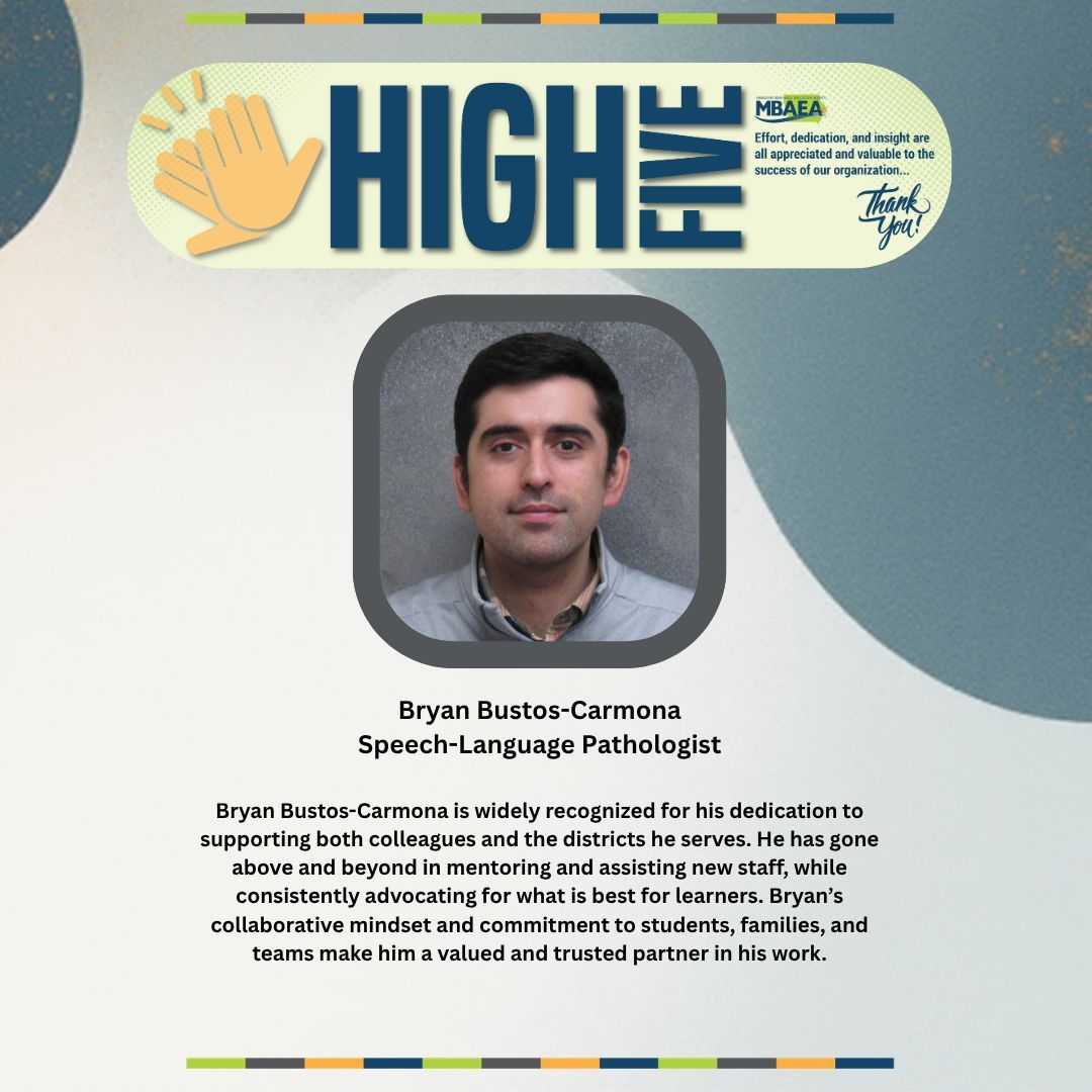 MBAEA's tweet photo. ✋ High Five Award: Bryan Bustos-Carmona!

Bryan is known for mentoring colleagues, supporting teams, and always advocating for what’s best for students. His collaborative approach makes him a trusted partner.

Congratulations, Bryan! https://t.co/wcMzGyTEXS