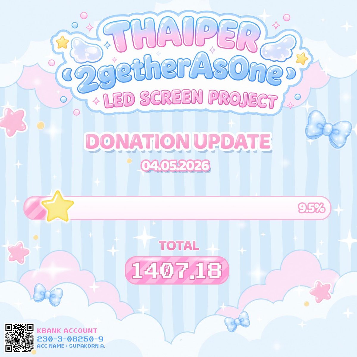 ThaiPerZone's tweet image. ✧ ˚₊‧ #THAIPER2getherAsOne —  Project Donation Update

 ❝ 03 MAY 2026 | 20.30 น. ❞

⭐️TOTAL 
1,407.18 THB (➕1,407.18 THB)

🍀 Donate here: docs.google.com/forms/d/e/1FAI…
🗓️ Today – 25 JUN 2026

#BUS_LIGHTASONE
#THAIchayanon #COPPERdechawat