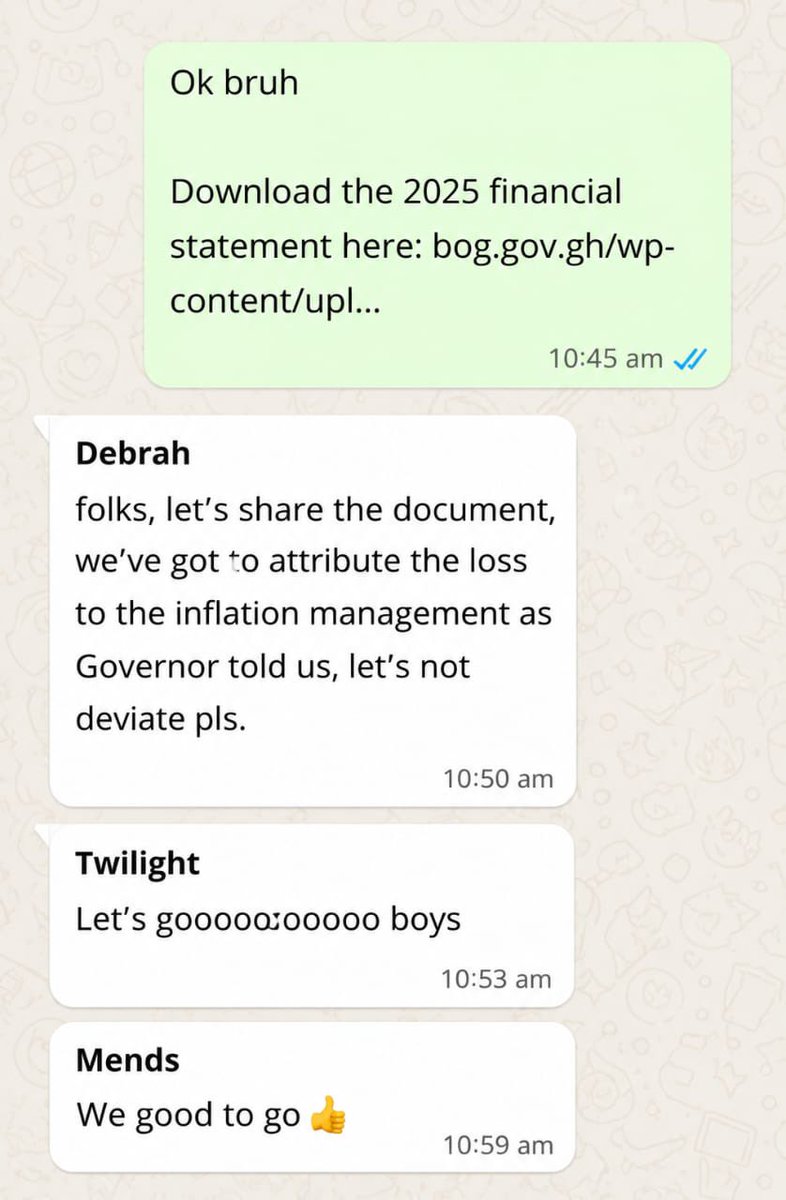 EdemGilbert's tweet photo. WHATSAPP CHAT LEAK;

Bank of Ghana paid some Twitter influencers, their chat has now leaked which raises concern about their credibility. https://t.co/CHO41c0e88