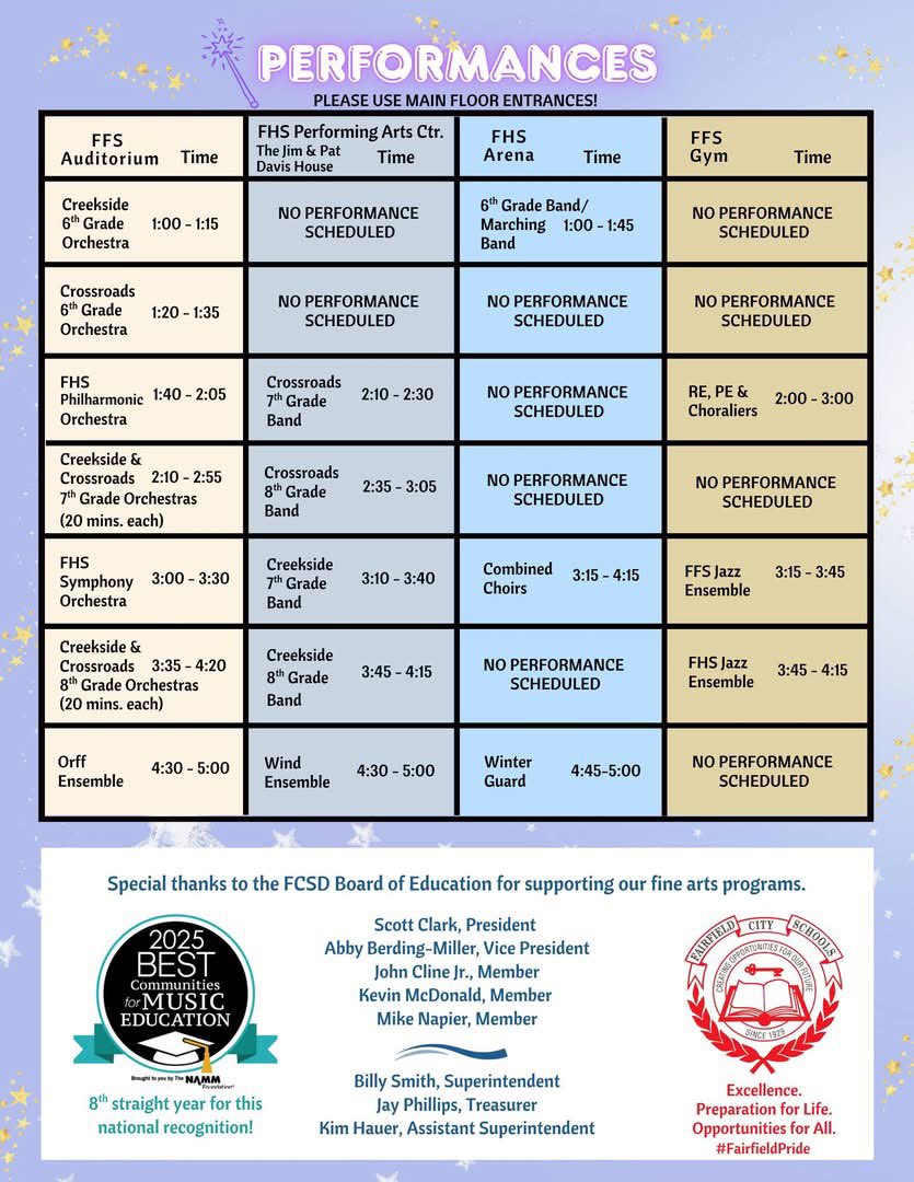 FCSDNews's tweet photo. Today’s the day (5/3) to celebrate the arts in the Fairfield City Schools! Arts Fair 2026 is 1-5 p.m. at Fairfield HS, 8800 Holden Blvd. &amp; Fairfield Freshman School, 8790 N. Gilmore Rd. Theme: “There’s Magic in the Arts!” See performance schedules &amp; more: https://t.co/IoIKyQ4mMT https://t.co/Y0Xmc5CoUD
