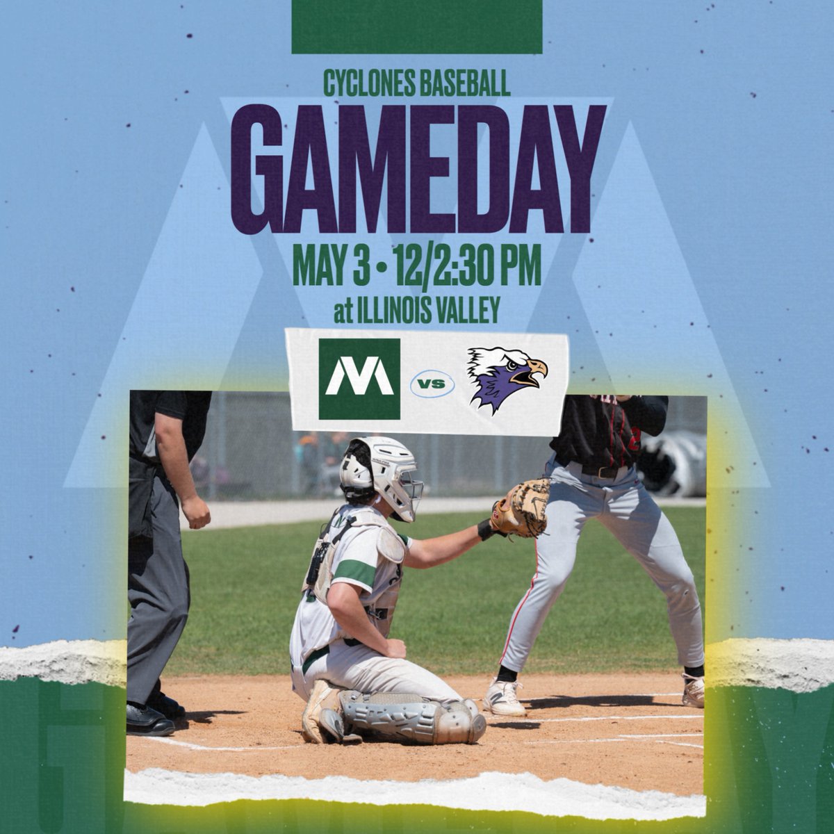 MVCyclones's tweet image. One more regular season doubleheader for Cyclones #baseball @MVCCBaseball today at Illinois Valley C.C. #LetsGo #GoCyclones #mvcyclones