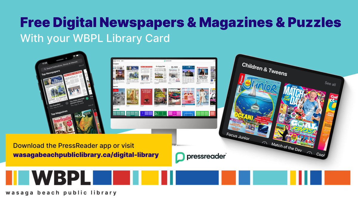 BeyondBooksWBPL's tweet photo. 📰 Free News, Magazines &amp; Puzzles with Your WBPL Card! 

📲 Get started:

1️⃣ Visit https://t.co/bqIbobTwSe or download the PressReader app
2️⃣ Choose Library or Group → Simcoe Digital Library Service
3️⃣ Enter your WBPL card &amp; PIN https://t.co/X4KaxDqI45