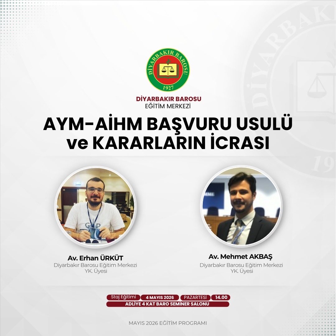dbegitimerkezi's tweet photo. Mayıs Ayı Staj Eğitim Programı kapsamında “ AYM-AİHM Başvuru Usulü ve Kararların İcrası” konulu Eğitim, 4 Mayıs Pazartesi Günü Saat 14.00’te Av. Erhan Ürküt ile Av. Mehmet Akbaş’ın sunumuyla Adliye 4. Kat Baro Seminer Salonunda yapılacaktır. https://t.co/0uwGur9t8j